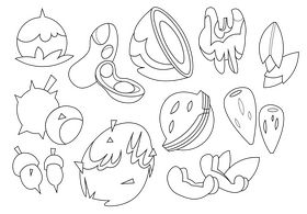 Cartoon nuts set black and white vector