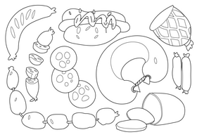 Meat products of sausages set black and white vector