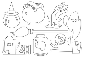 Halloween symbols, cauldron, broom, pumpkin black and white vector