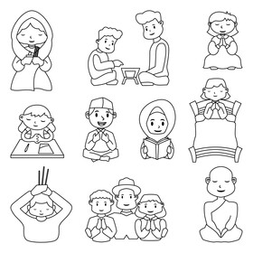 Children praying set black and white vector