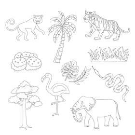 Set of jungle elements, animals black and white vector