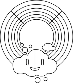Circular Rainbow with cute cloud drawing black and white clipart