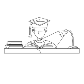 Student reading books black and white clipart