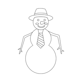 Funny snowman with tie and hat drawing black and white clipart
