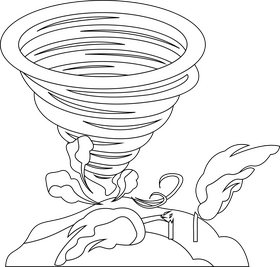 Cartoon tornado breaks trees drawing black and white clipart
