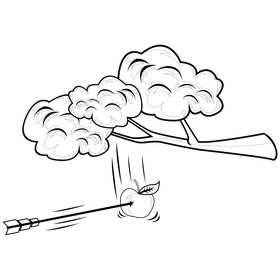 Archery, shooting falling apple from tree, accurate archer drawing black and white clipart