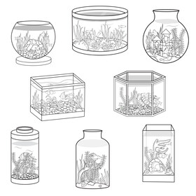Aquariums with fishes set black and white vector