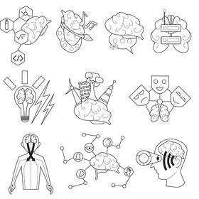 Brain, human brain organ, brain functions cartoon set black and white vector