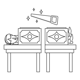 Magician body cut trick black and white clipart