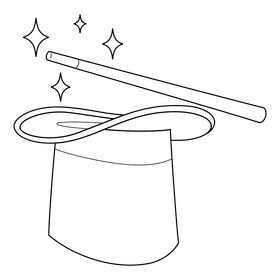 Magician hat and wand black and white clipart