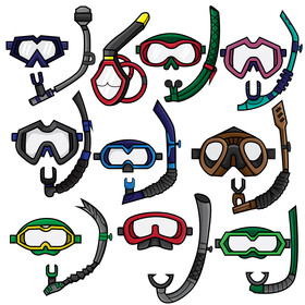 Snorkel, diving mask clipart set vector