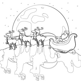 Santa Claus, reindeers and sleigh black and white vector