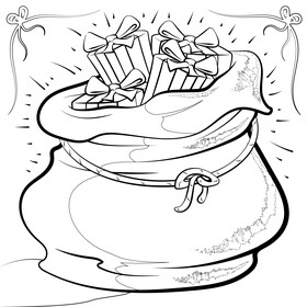 Santa bag, christmas presents black and white vector