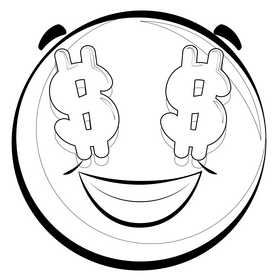 Money eyes, dollar sign eyes emoji, emoticon, smiley drawing black and white clipart