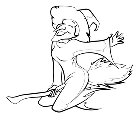 Flying witch drawing black and white clipart