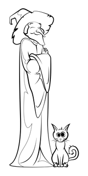 Witch and black cat drawing black and white clipart