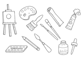 Painting tools drawing set black and white vector
