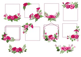 Pink floral frame and border set vector