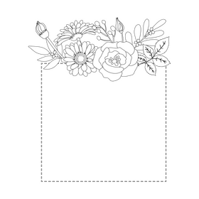 Square floral frame black and white clipart