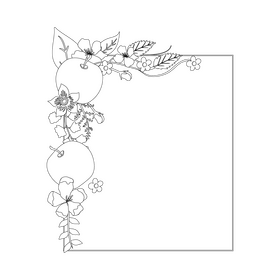 Green and red apple blossom floral border black and white clipart