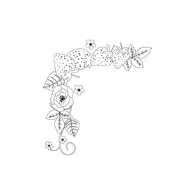 Transparent strawberries with blossom and leaves frame black and white clipart