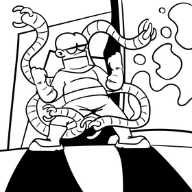 Doctor octopus superhero cartoon drawing black and white vector