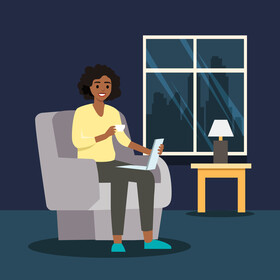 Woman working on laptop at night stock illustration vector