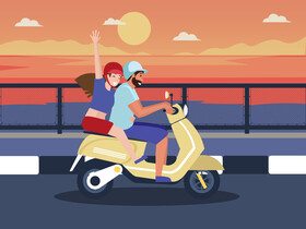 Cute couple riding scooter vector
