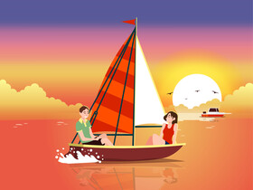 Sunset ocean with couple on sailing boat vector