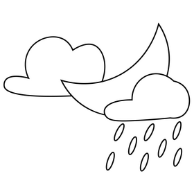 Cartoon moon with rain clouds black and white clipart