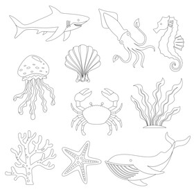 Sea animals set black and white vector