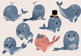 Whale cartoon set vector