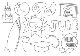 Summer set, june elements black and white vector
