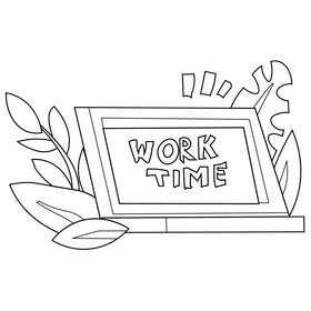Cartoon laptop, work time black and white clipart