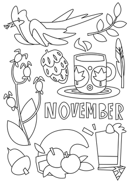 Thanksgiving set, november icons black and white vector
