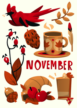 Thanksgiving set, november icons vector