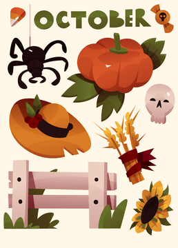 October set, halloween elements vector
