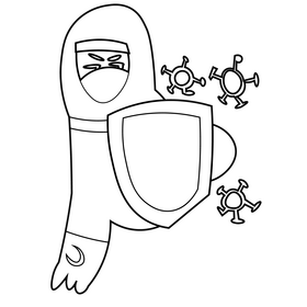 Cartoon disinfection worker with shield black and white clipart