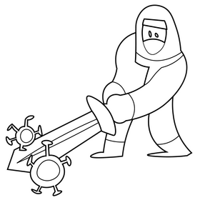 Disinfection worker with sword cartoon drawing black and white clipart