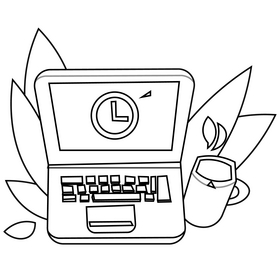 Work during isolation, remote work, laptop with coffee black and white clipart