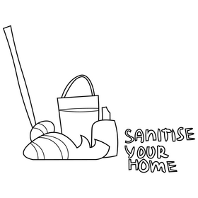 Isolation routine, sanitise your home black and white clipart