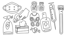 Medical elements during coronavirus pandemic cartoon set black and white vector