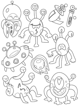Set of aliens, monsters black and white vector