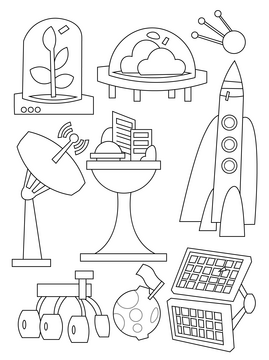 Space colony icons, colonization black and white vector