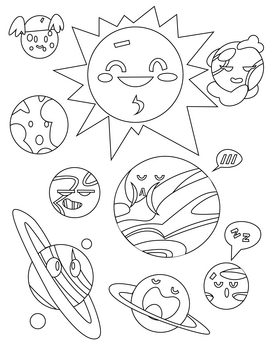 Cartoon solar system planets black and white vector