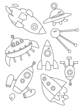 Set of spaceships, spacecrafts black and white vector
