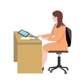 Woman at her desk working with a tablet clipart