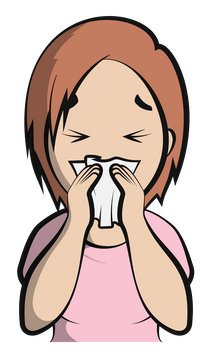 Cartoon girl coughing and sneezing into tissue clipart