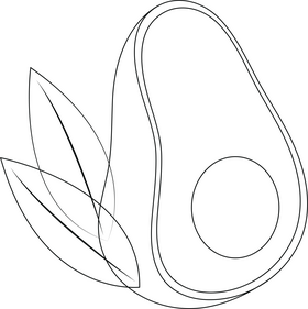 Avocado with Leaves black and white clipart