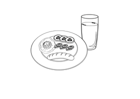 Egg, Sausage, Cucumber, Tomato, and Orange juice black and white clipart